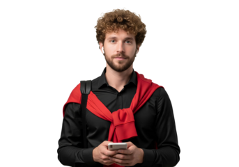Curly hair man using smart phone , happy businessman using mobile phone man using phone with sweater and bag isolate on white, transparent background