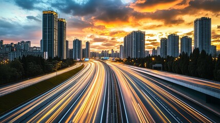City highway at sunset, blurred car lights