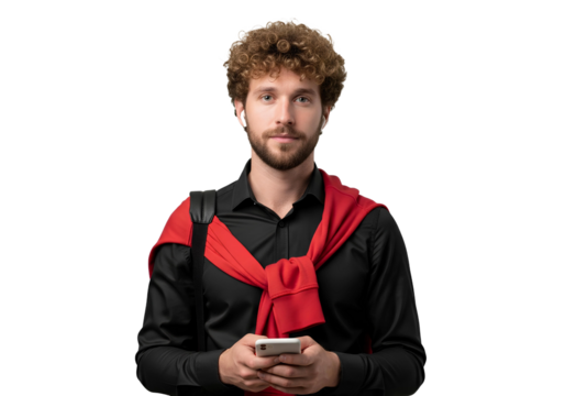 Curly hair man using smart phone , happy businessman using mobile phone man using phone with sweater and bag isolate on white, transparent background