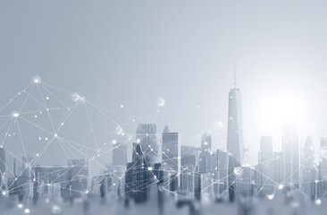 City skyline with interconnected network overlay