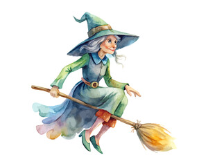watercolor Witch Broom vector illustration isolated on white background