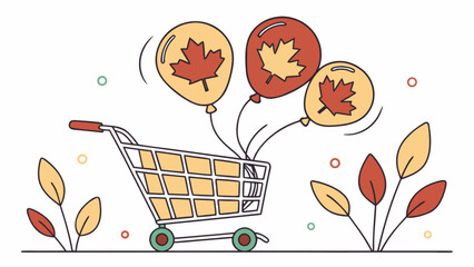 Canadian shopping cart with maple leaf balloons for canada day celebration and retail promotion vector art