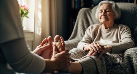 Caregiver giving foot massage to a relaxed senior woman at home.