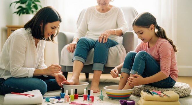 Three generations of family having a pedicure spa day at home