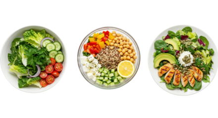 High-angle, three vibrant fresh salads (leafy, bell pepper, grilled chicken) in minimalist bowls on white studio background. Concept of healthy wholesome food