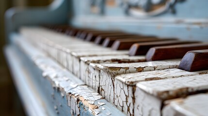 Close-up of weathered piano keys with cracked paint.