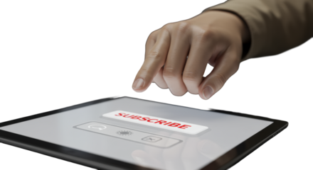 Clean human hand's index finger presses red 'SUBSCRIBE' button on a sleek digital device screen, minimalist UI, soft bokeh background, modern studio shot, user engagement concept
