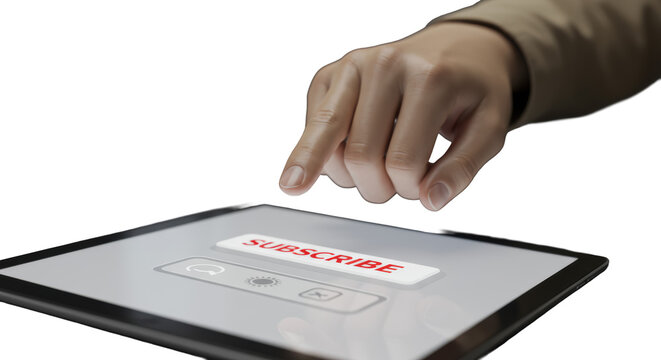 Clean human hand's index finger presses red 'SUBSCRIBE' button on a sleek digital device screen, minimalist UI, soft bokeh background, modern studio shot, user engagement concept