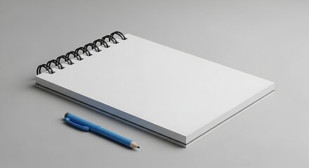 A clean blank spiral bound notepad rests on a grey surface next to a blue pen ready for new ideas and creative writing