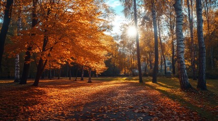 Fototapeta premium Autumn park path bathed in sunlight (1)