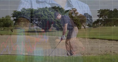 Golfer aligning stance and executing swing in bunker while overlay updating stats for golf tech