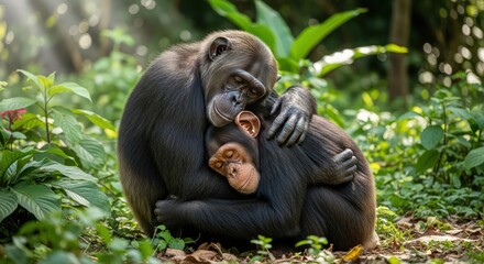 Loving Mother Chimpanzee Hugging Baby in Lush Green Forest