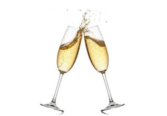 Two classic champagne flutes, effervescent golden liquid splashing mid-clink on a transparent studio background, subtle reflections. Concept of success and celebration