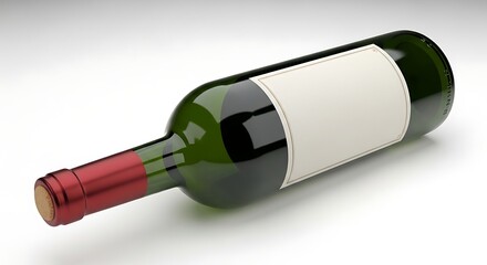 A single dark green glass bottle of wine with a blank white label lies on its side casting a soft shadow