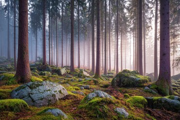 Misty forest with rocks and moss. Sunlight filters through trees