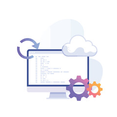 Computer screen with code and cloud computing elements