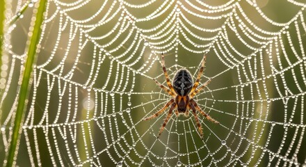 Spider in Dew Covered Web, Close-Up Macro