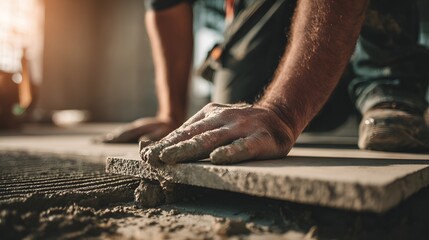 Close-up view of hands laying tile on adhesive.
