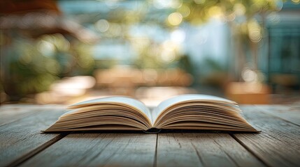 Open book on a wooden table, garden background
