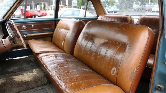 Interior view of a vintage car. Tan leather seats, showing wear. Steering wheel visible. Partial view of car's interior - Powered by Adobe