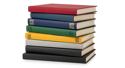A stack of colorful hardcover books isolated on a white background in a vertical composition