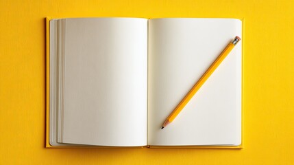 Open notebook with pencil on yellow background