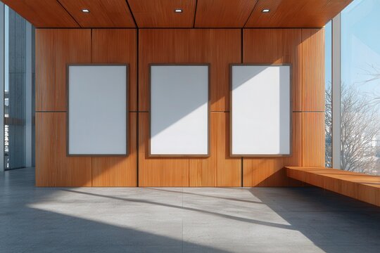 Modern, empty gallery space with three blank canvases - Powered by Adobe