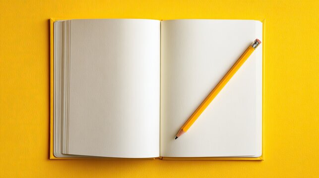 Open notebook with pencil on yellow background