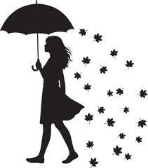 Woman umbrella fall leaves silhouette vector