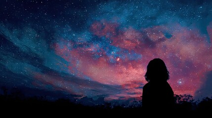 Fototapeta premium Silhouetted figure gazing at a vibrant night sky