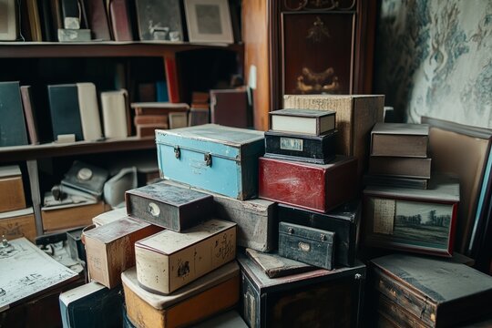 Antique boxes and books fill a dusty room