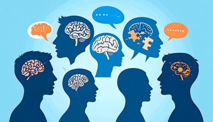 Silhouettes of heads in profile, brains visible, communicating via speech bubbles