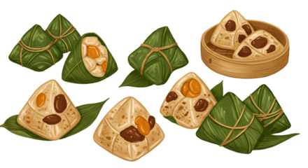 An appetizing collection of steamed glutinous rice dumplings, beautifully wrapped in bamboo leaves, featuring diverse sweet and savory fillings.