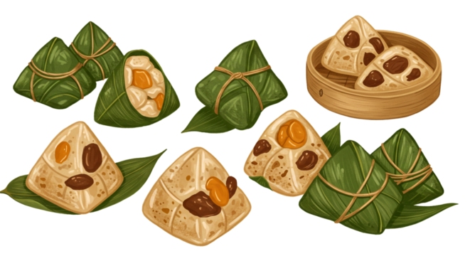 An appetizing collection of steamed glutinous rice dumplings, beautifully wrapped in bamboo leaves, featuring diverse sweet and savory fillings.