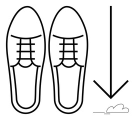 Pair of shoes drawn with clean outlines paired with a large downward arrow and small cloud accent. Ideal for concepts thumbs up direction, journey, travel, simplicity, minimalism, progress, choice. A