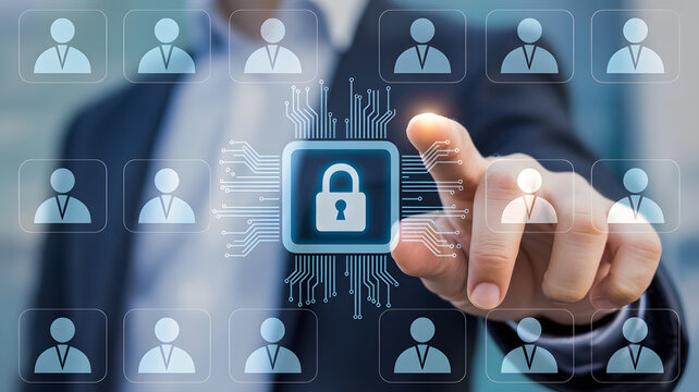 Businessman securing digital network with biometric access and data protection
