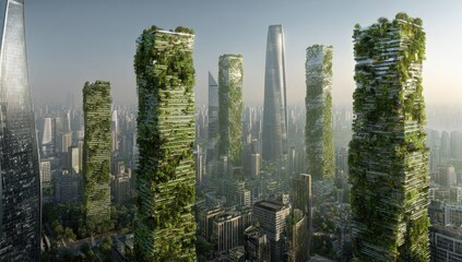 Fototapeta premium A futuristic cityscape, with verdant skyscrapers