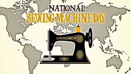 National Sewing Machine Day with a vintage sewing machine illustration, recognizing its worldwide influence on fashion, textiles, and craftsmanship.