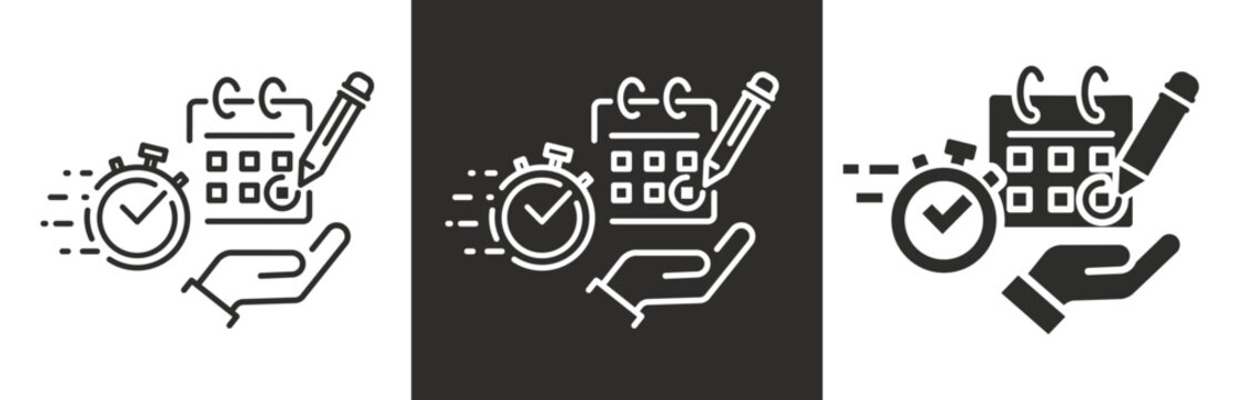 flat and linear set icons,quick marking day icon, calendar reservation, fast deadline, rapid time, simple symbols on white and black background - editable stroke vector illustration