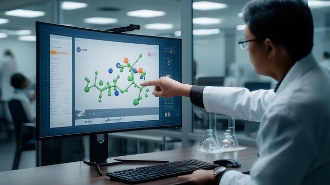 Using advanced AI software for drug discovery, a researcher studies a virus or protein structure, developing new medicines to combat antibiotic resistance. - Powered by Adobe