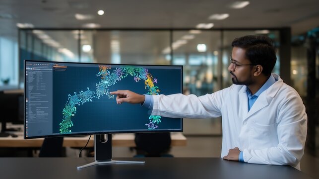 A scientist analyzes complex 3D molecular data on a high-resolution computer screen, working on a medical breakthrough in a modern, state-of-the-art laboratory. - Powered by Adobe