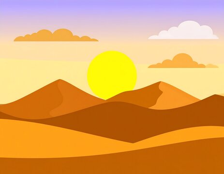 Sunset over rolling desert dunes, a large yellow sun dominates the sky with fluffy clouds