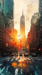 City street scene at sunset, stylized with paint-like brushstrokes. Skyscrapers, Empire State Building, cars, urban
