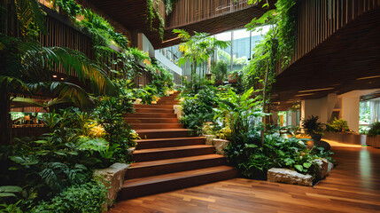 Fototapeta premium Indoor tropical garden staircase, lush plants, wood flooring, modern architecture, lobby background; ideal for travel brochures