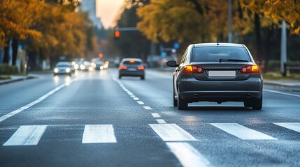 City street at sunset, cars driving, pedestrian crossing