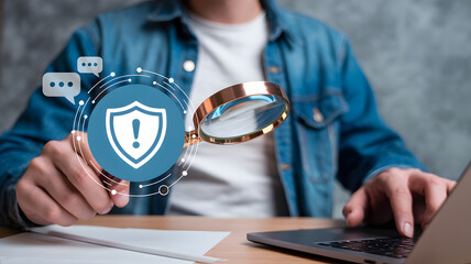 Expertly analyzing security alerts with a magnifying glass on a digital shield