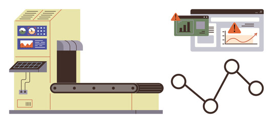 Conveyor belt with control panel, graph alerts on screens, connected nodes for processes. Ideal for automation, analytics, manufacturing, process optimization, risk management, IoT networks simple