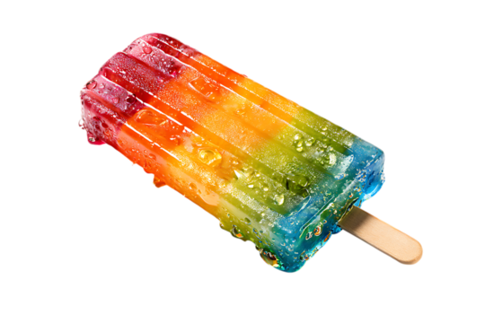 Refreshing rainbow popsicle melting on a hot day, a sweet treat to cool off with, perfect for summer promotions, vibrant colors and delicious flavor, a nostalgic dessert