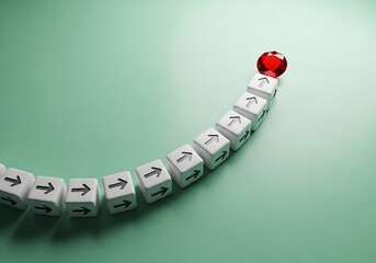 Symbolic representation of career growth and business success. An ascending path of cubes with arrows leads to a prominent red sphere, illustrating leadership, achievement, and strategic direction.