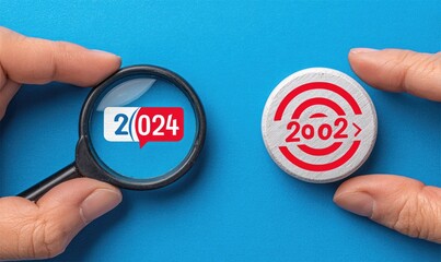 Hands holding magnifying glass over 2024, comparing to 2002